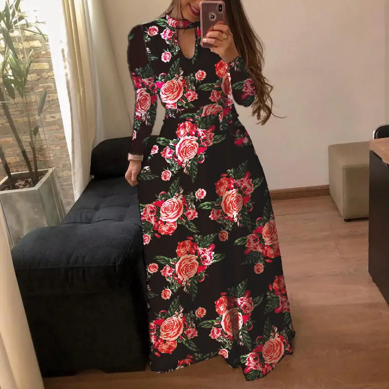 2025 Digital Print Flared Skirt Dress Yellow Red Floral - Image 6