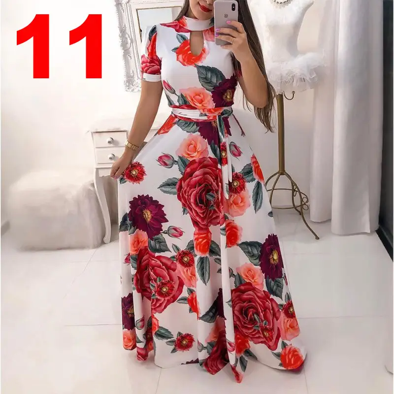 2025 Digital Print Flared Skirt Dress Yellow Red Floral - Image 4
