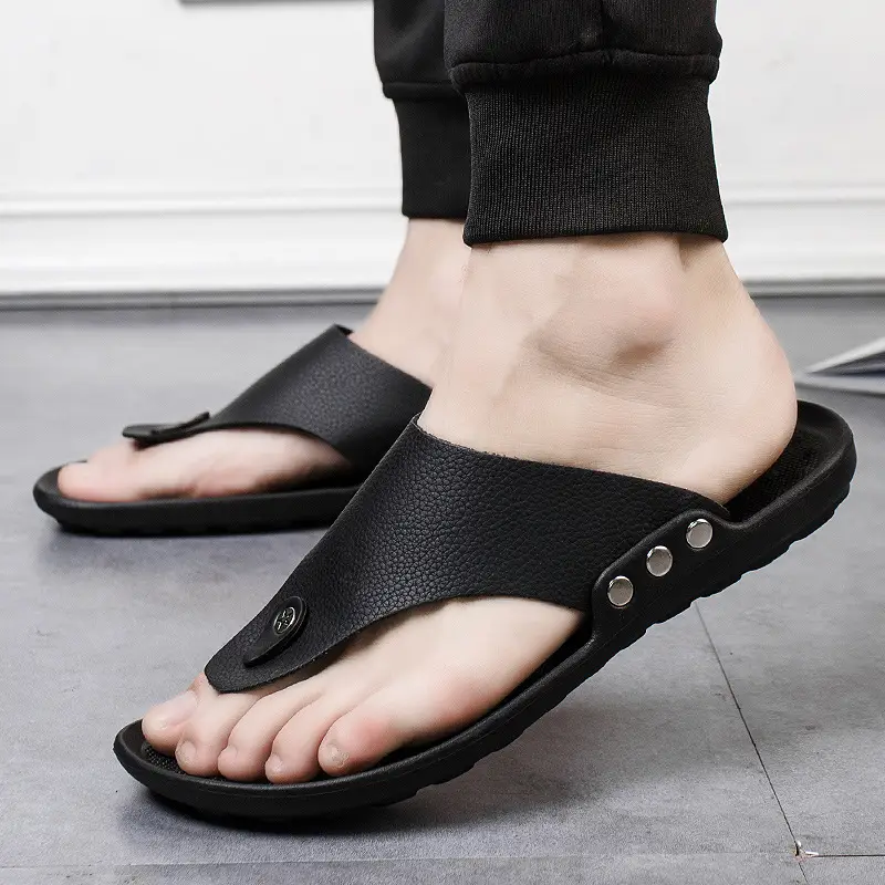 Men's Black Flip-Flops Summer Sandals with Metal Buckles