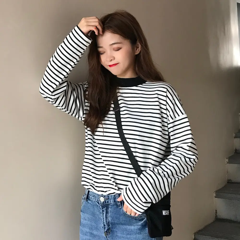 Women Striped Long Sleeve T-Shirt Plus Size Fat mm
