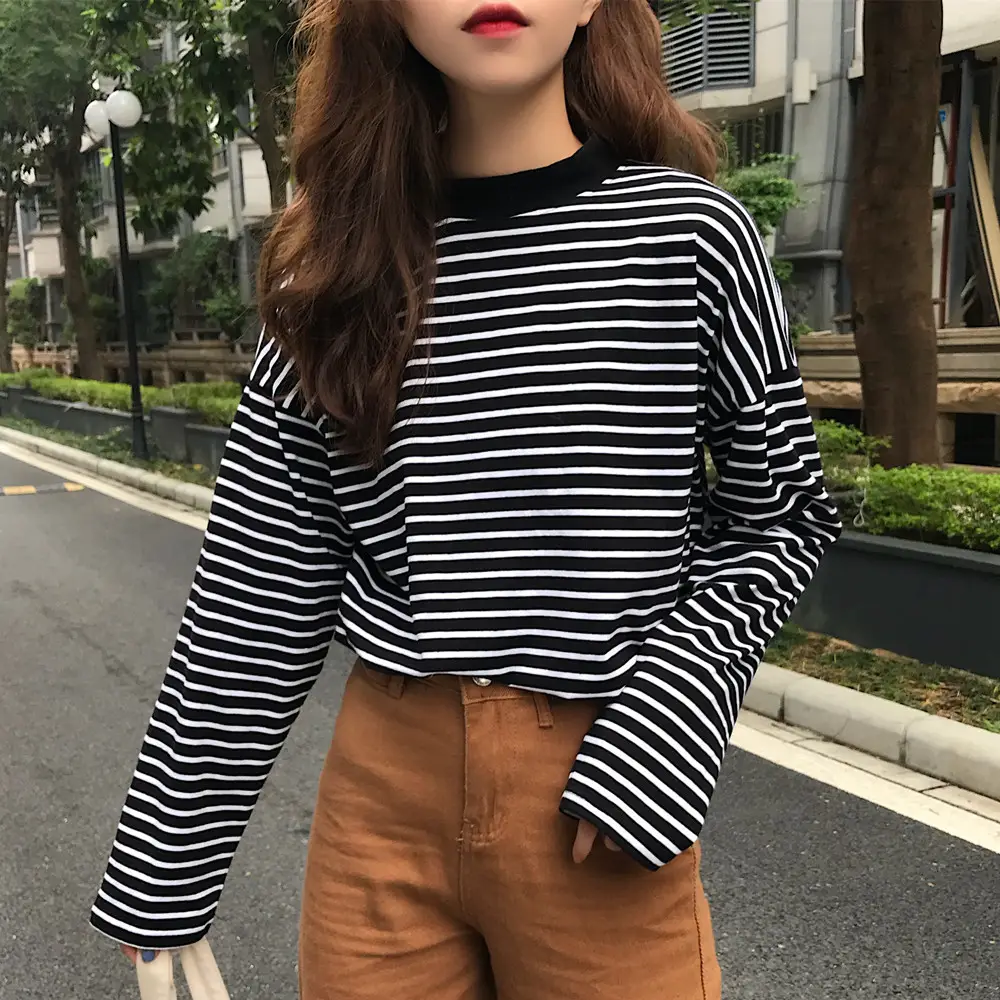 Women Striped Long Sleeve T-Shirt Plus Size Fat mm