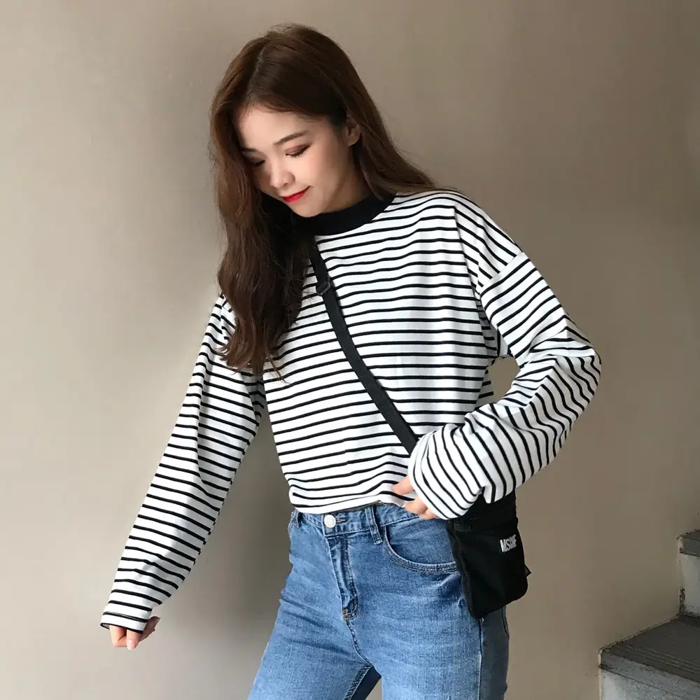 Women Striped Long Sleeve T-Shirt Plus Size Fat mm
