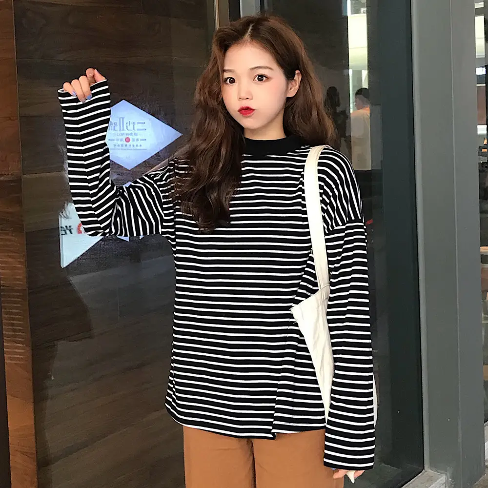 Women Striped Long Sleeve T-Shirt Plus Size Fat mm
