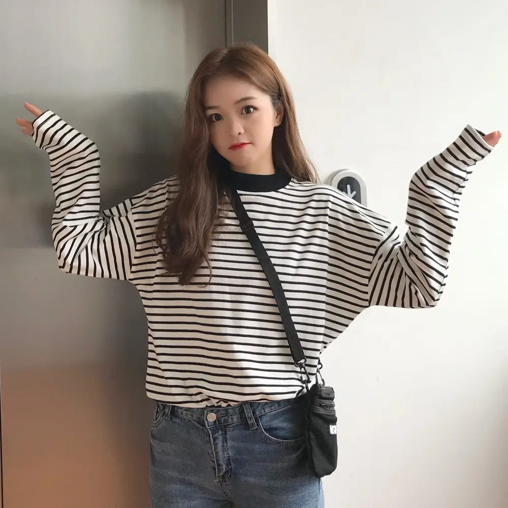 Women Striped Long Sleeve T-Shirt Plus Size Fat mm