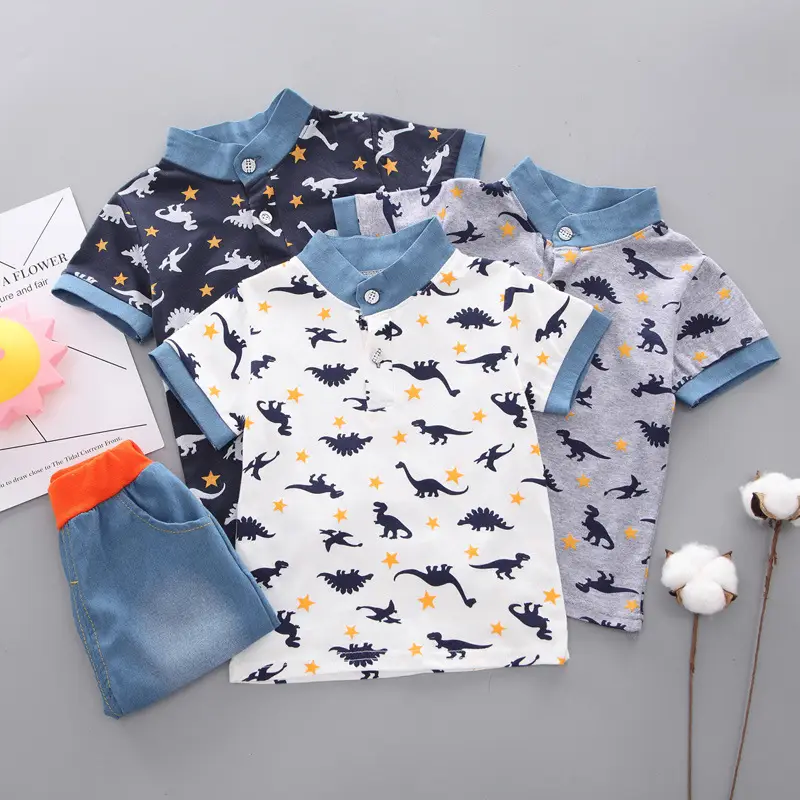 Kids Dinosaur Print Polo Pants Set Blue