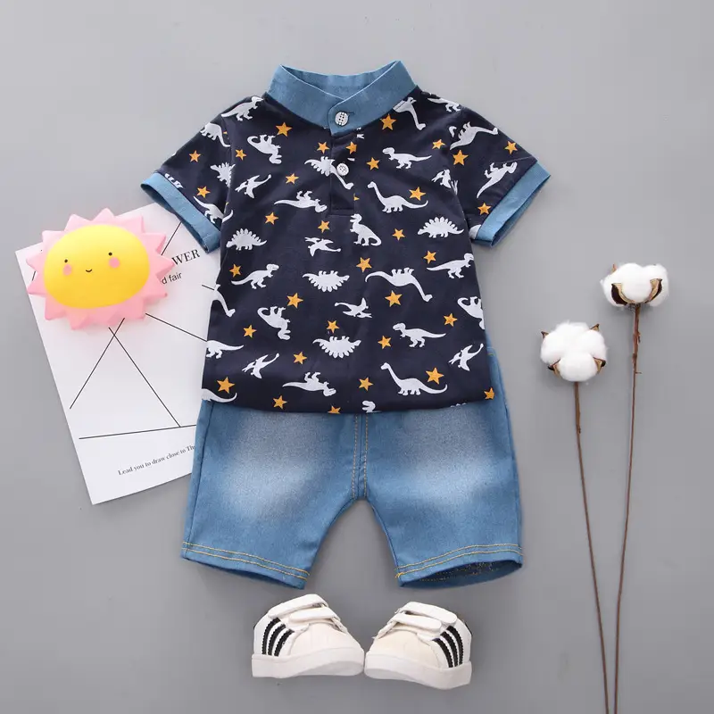 Kids Dinosaur Print Polo Pants Set Blue
