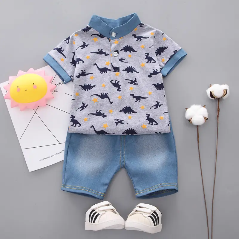 Kids Dinosaur Print Polo Pants Set Blue