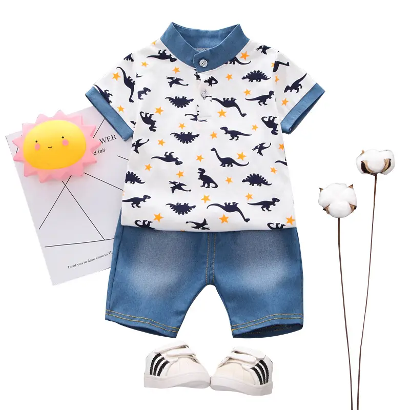 Kids Dinosaur Print Polo Pants Set Blue