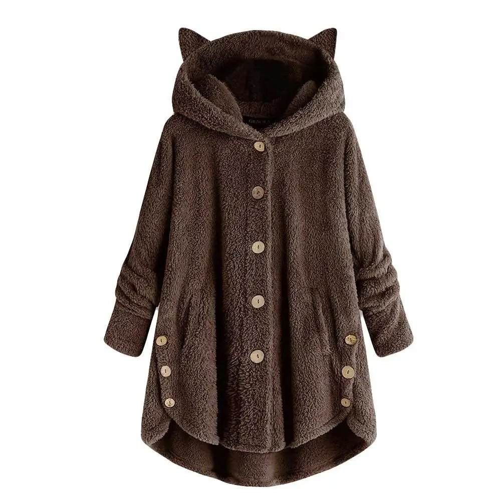 Women Button Hooded Cat Ear Plush Jacket Brown - Image 14