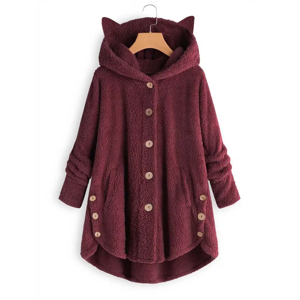 Women Button Hooded Cat Ear Plush Jacket Brown - Image 15