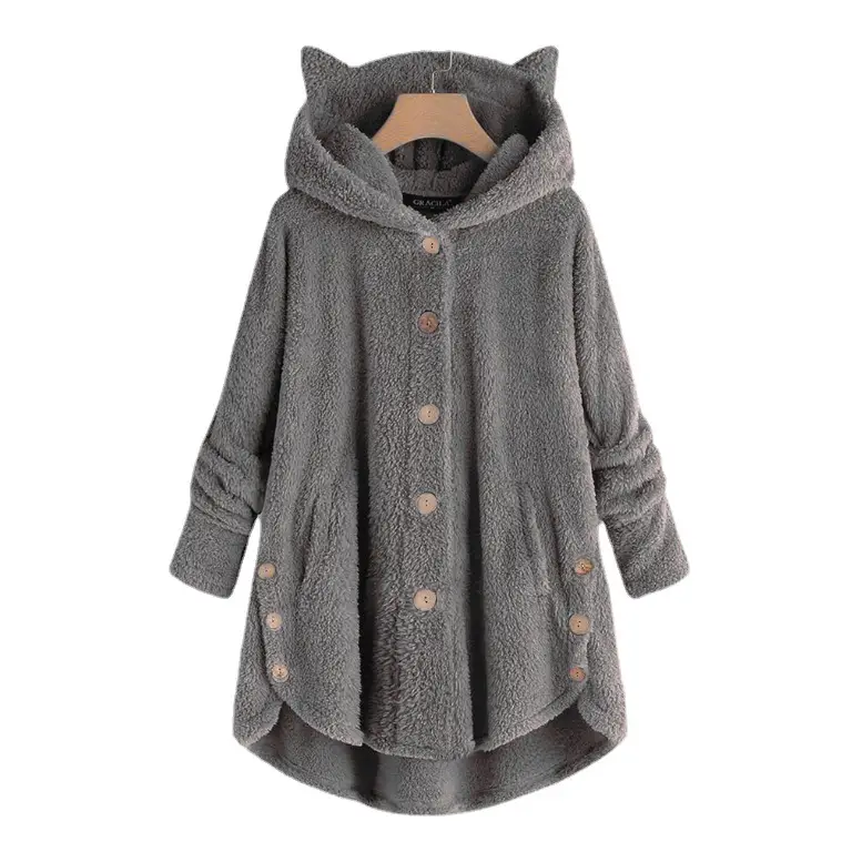Women Button Hooded Cat Ear Plush Jacket Brown - Image 17