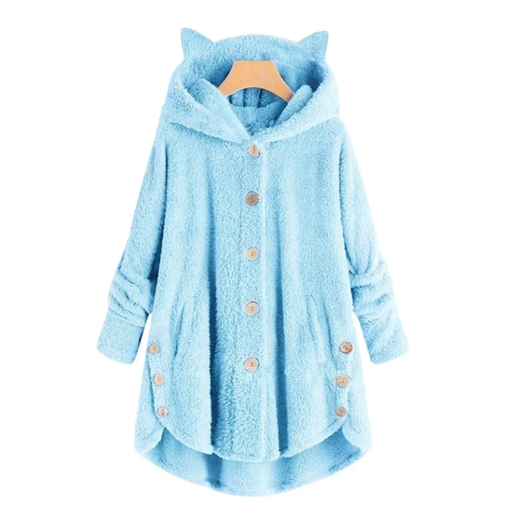 Women Button Hooded Cat Ear Plush Jacket Brown - Image 10