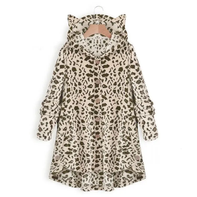 Women Button Hooded Cat Ear Plush Jacket Brown - Image 12