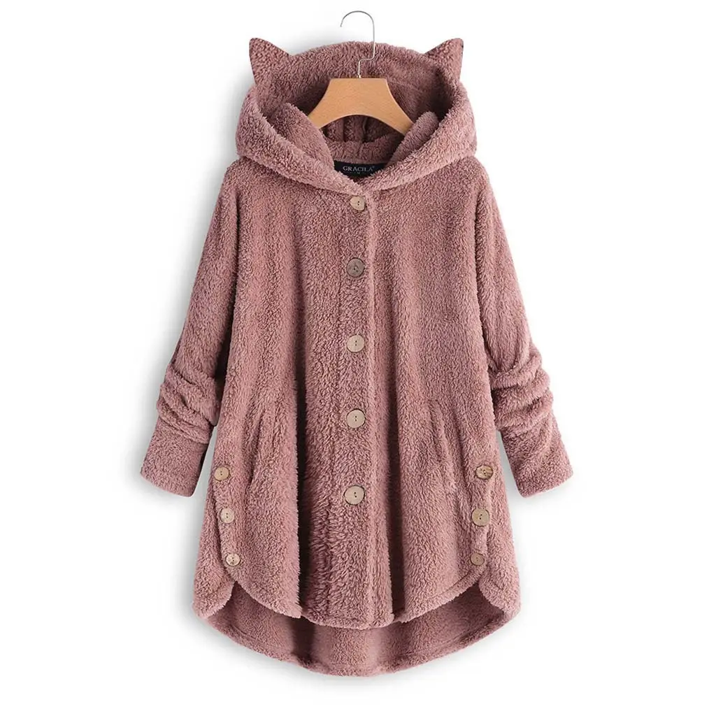Women Button Hooded Cat Ear Plush Jacket Brown - Image 3