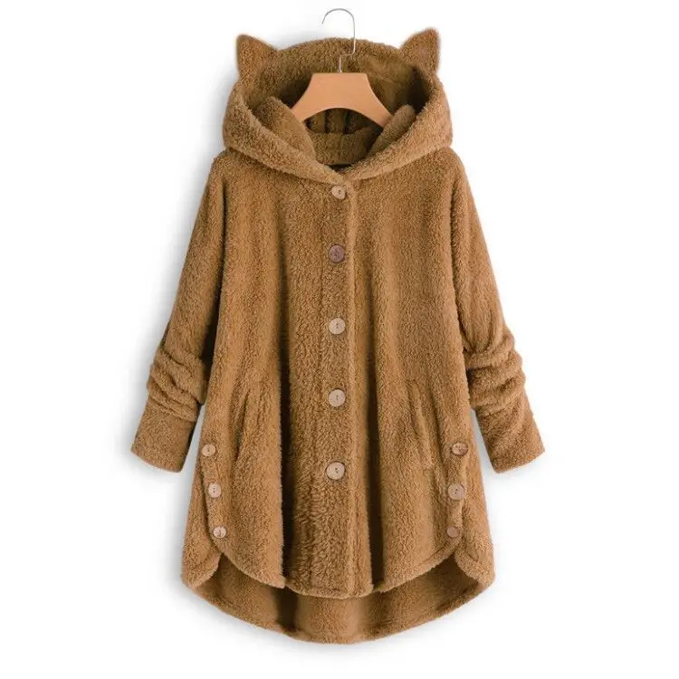 Women Button Hooded Cat Ear Plush Jacket Brown - Image 6