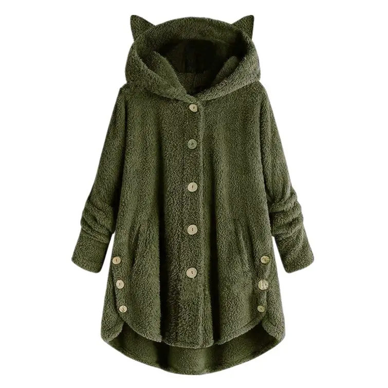 Women Button Hooded Cat Ear Plush Jacket Brown - Image 7
