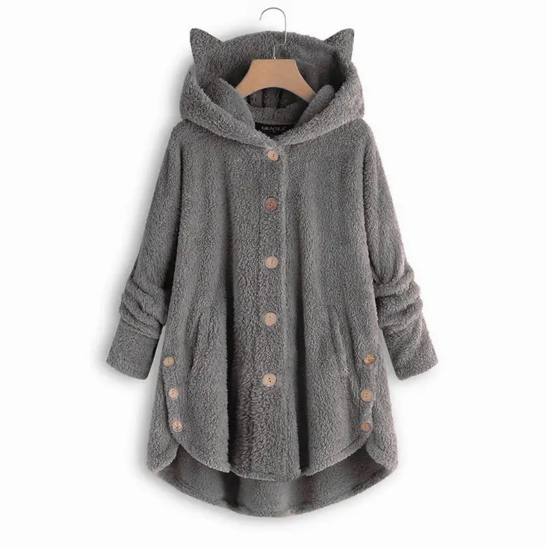 Women Button Hooded Cat Ear Plush Jacket Brown - Image 8
