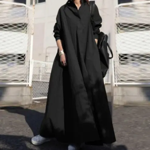 Black Long Sleeve Cotton Linen Dress Large - Image 5