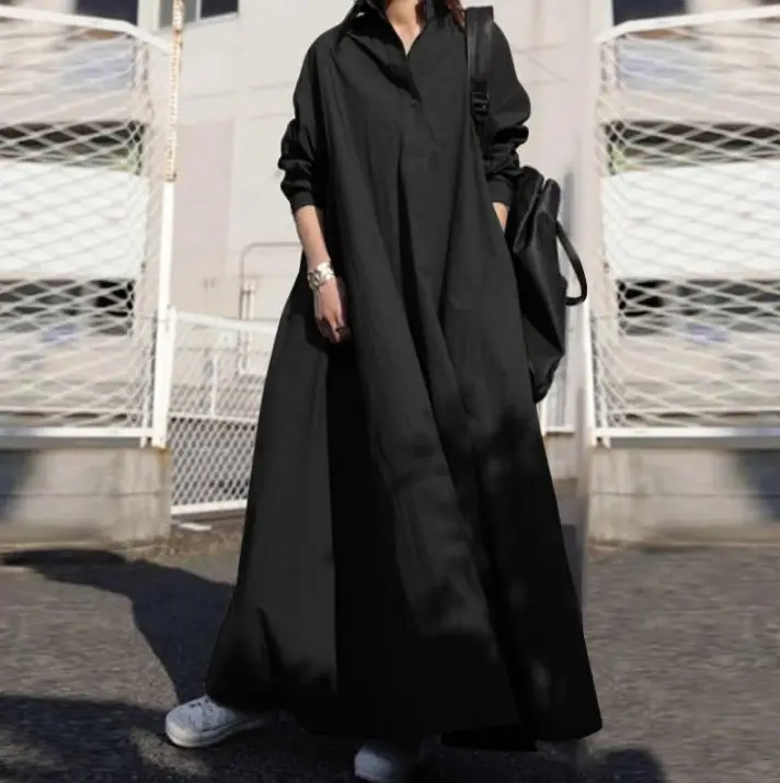 Black Long Sleeve Cotton Linen Dress Large — feature 11