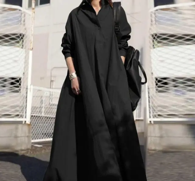 Black Long Sleeve Cotton Linen Dress Large - Image 2