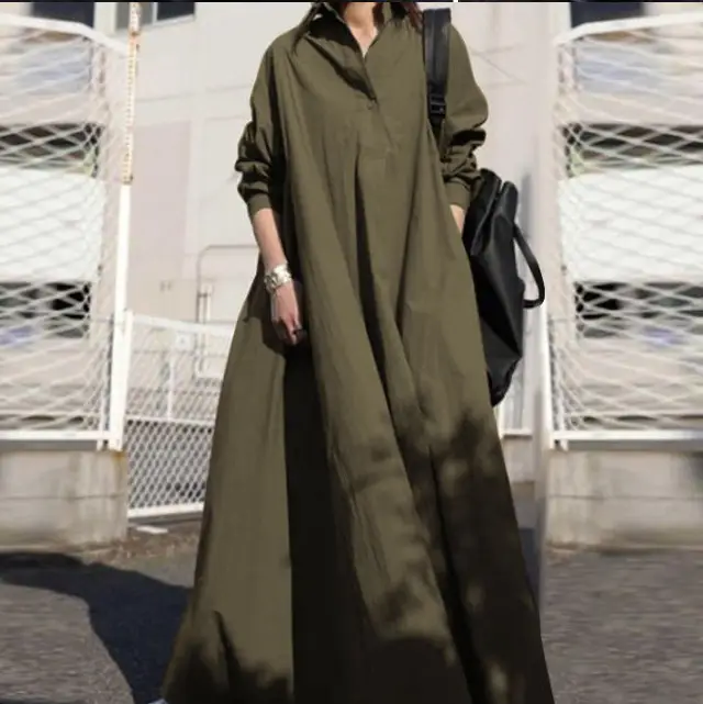 Black Long Sleeve Cotton Linen Dress Large - Image 3