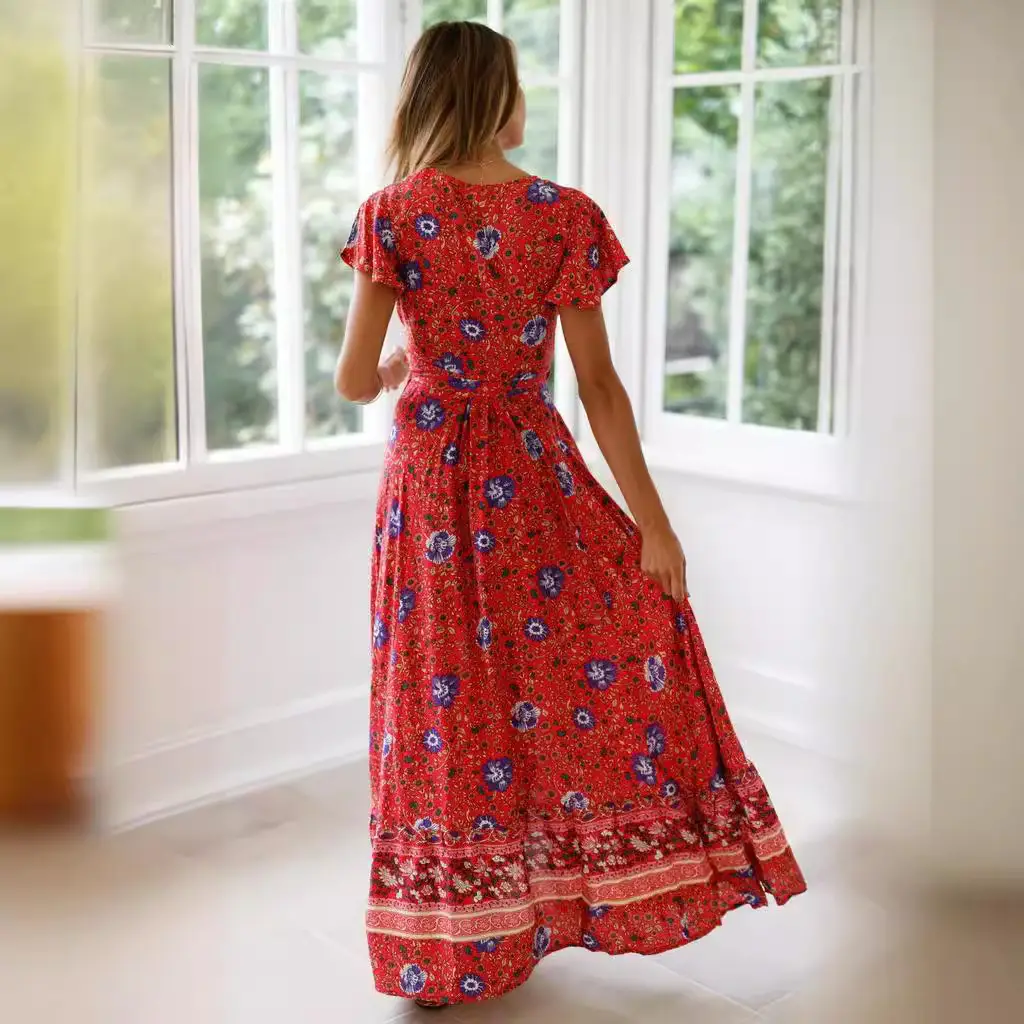 Red Floral V-Neck Cardigan Dress for Women - Image 4
