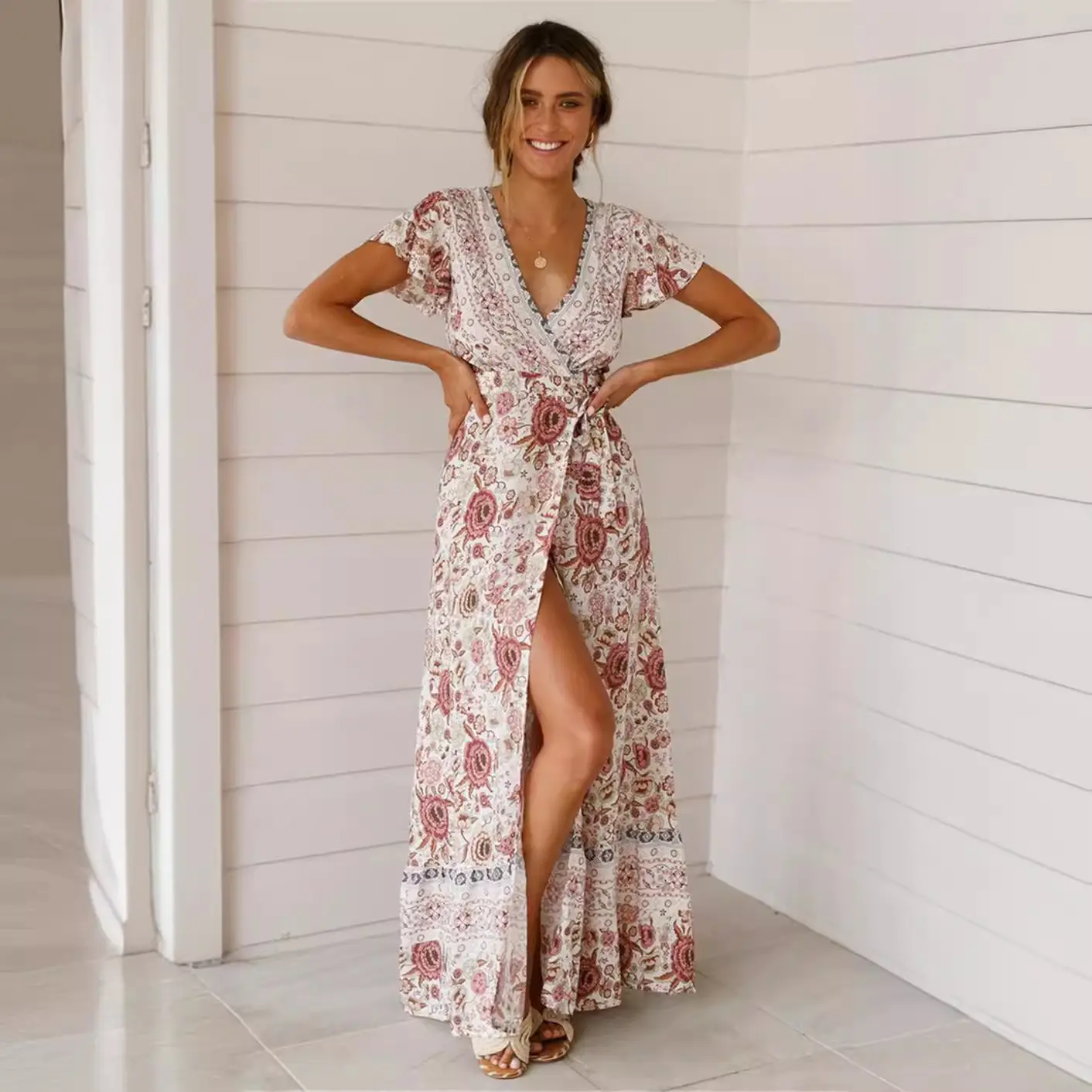 Red Floral V-Neck Cardigan Dress for Women - Image 5