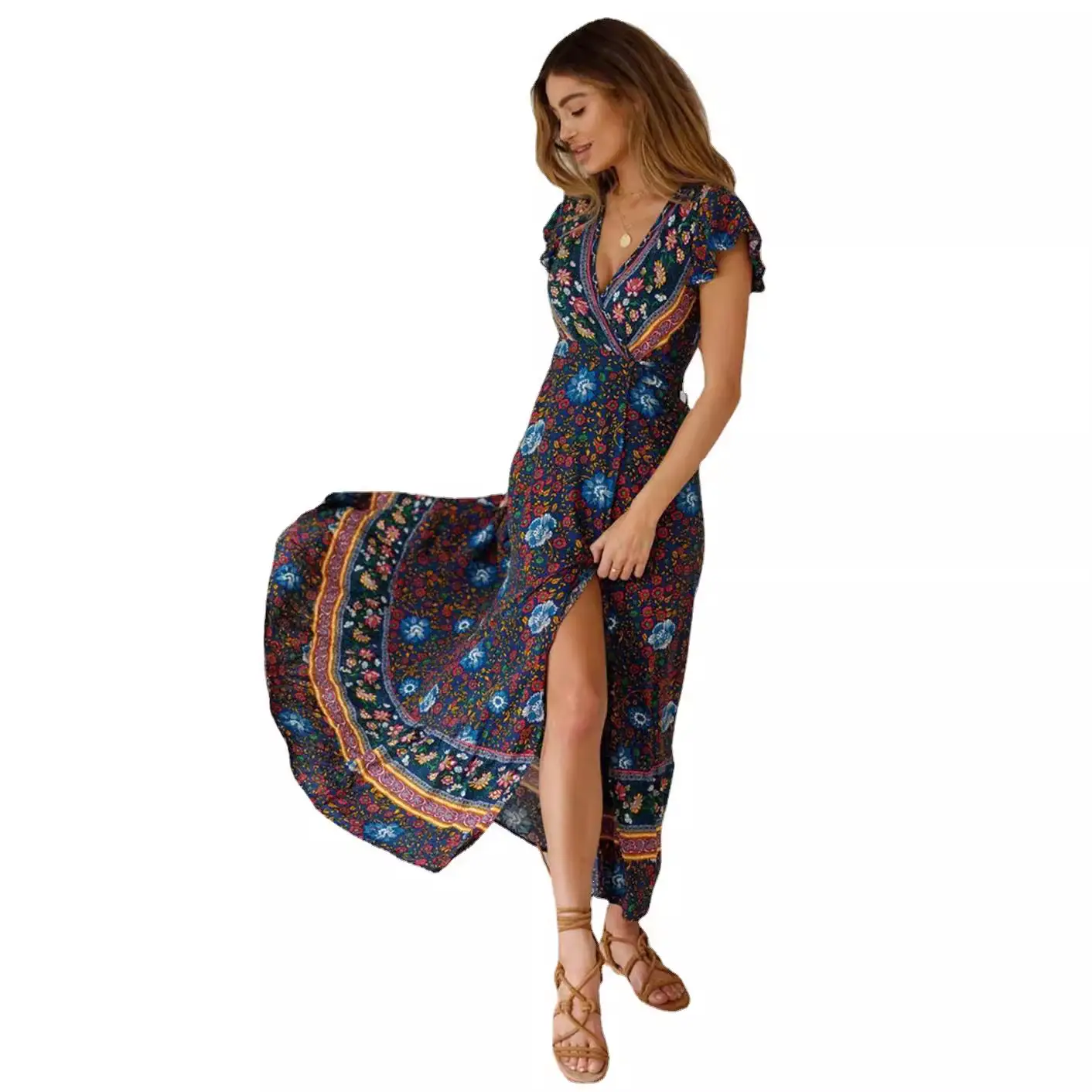 Red Floral V-Neck Cardigan Dress for Women - Image 6