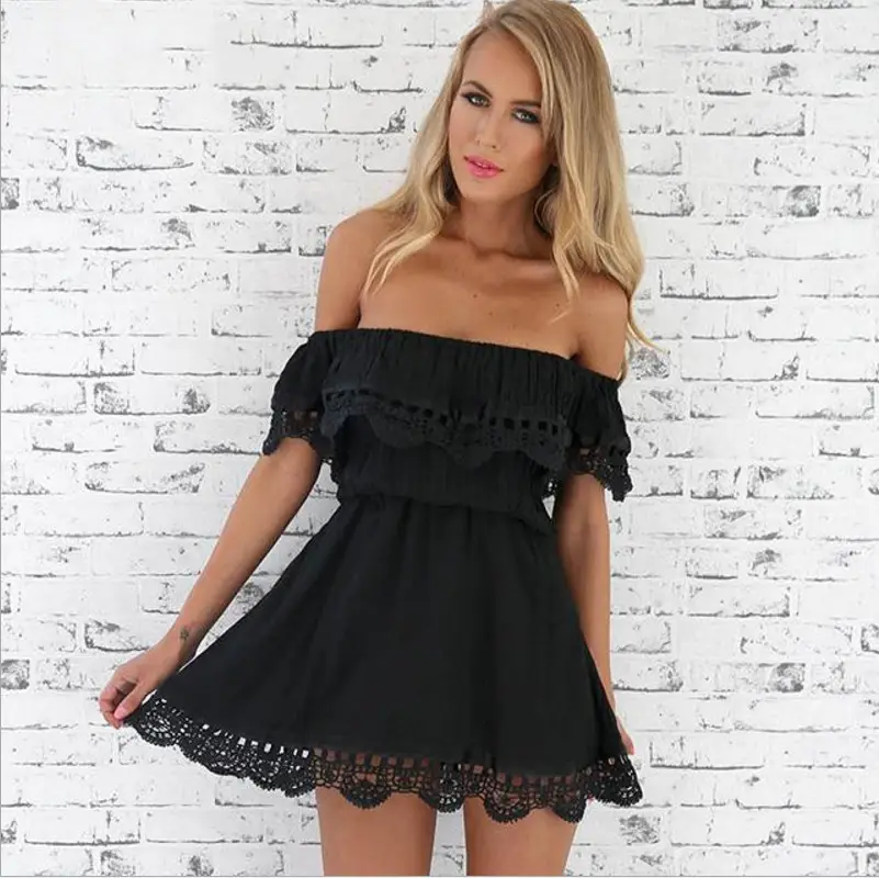 Black Lace One-Line Off-Shoulder Dress for Women