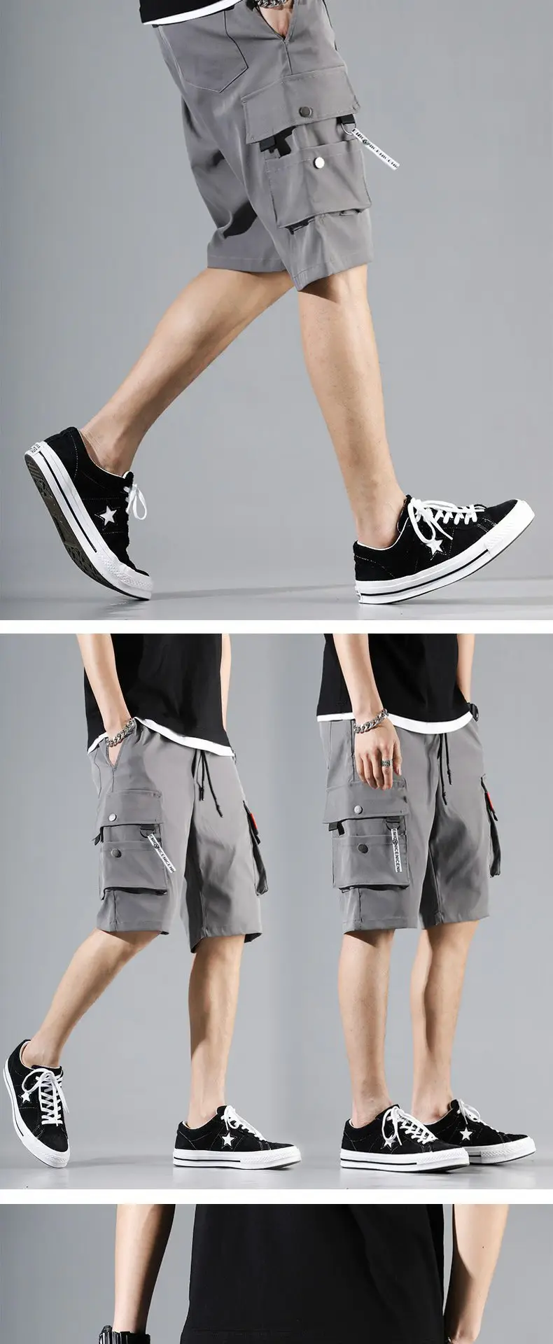 Men's Black Multi-Pocket Casual Shorts Hip Hop Style — feature 14