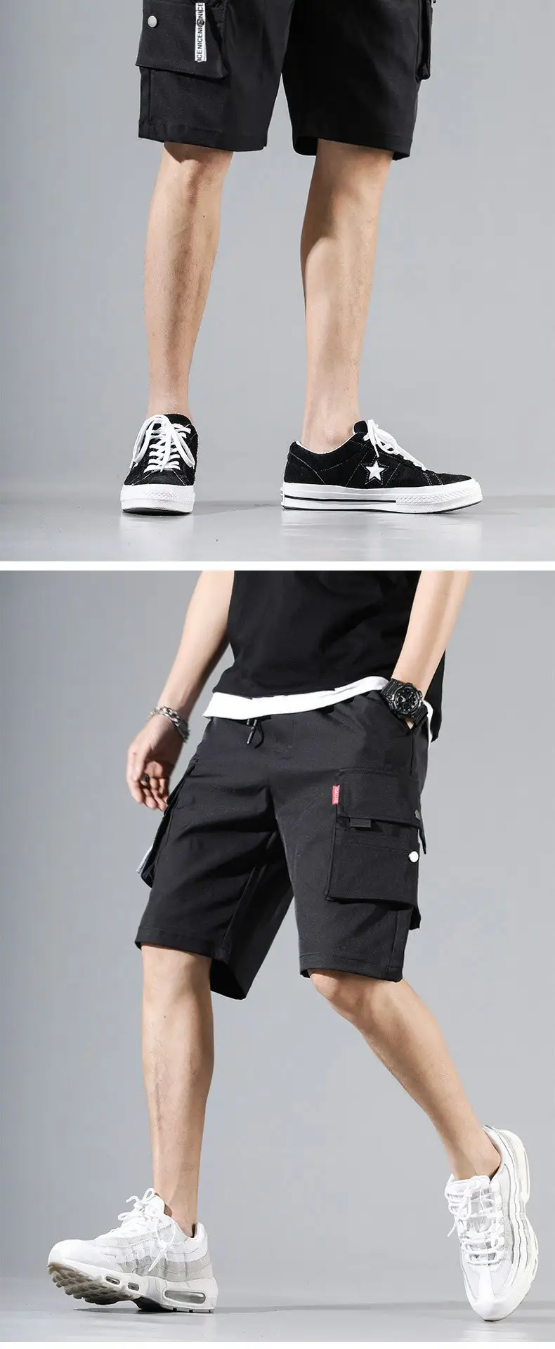 Men's Black Multi-Pocket Casual Shorts Hip Hop Style — feature 7
