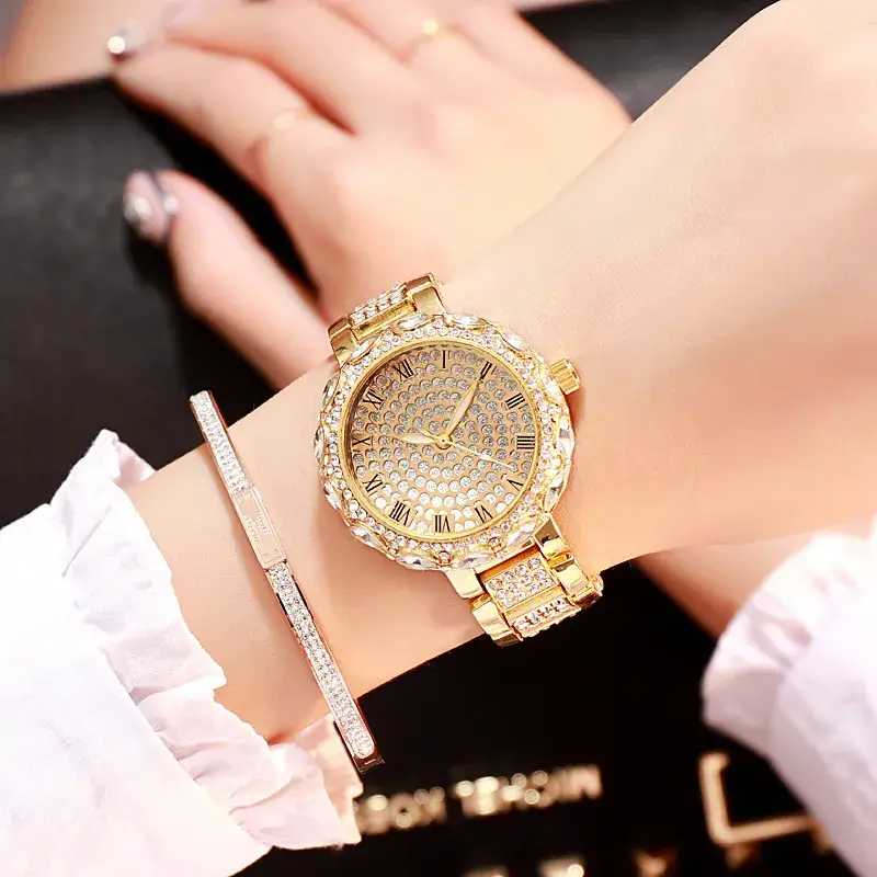 Women's Full Diamond Rhinestone Watch Rose Gold Large Dial - Image 4