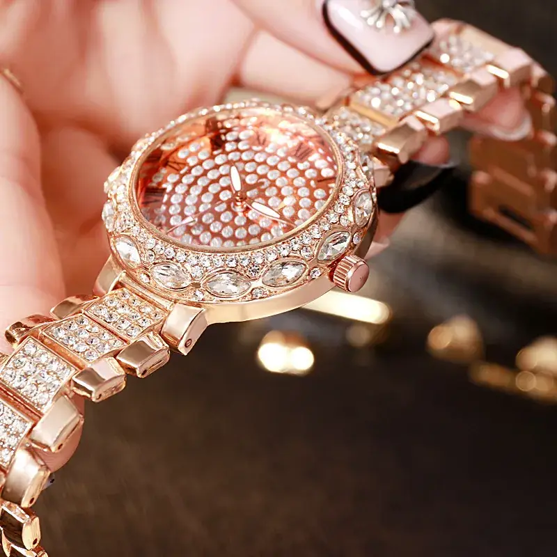 Women's Full Diamond Rhinestone Watch Rose Gold Large Dial - Image 5