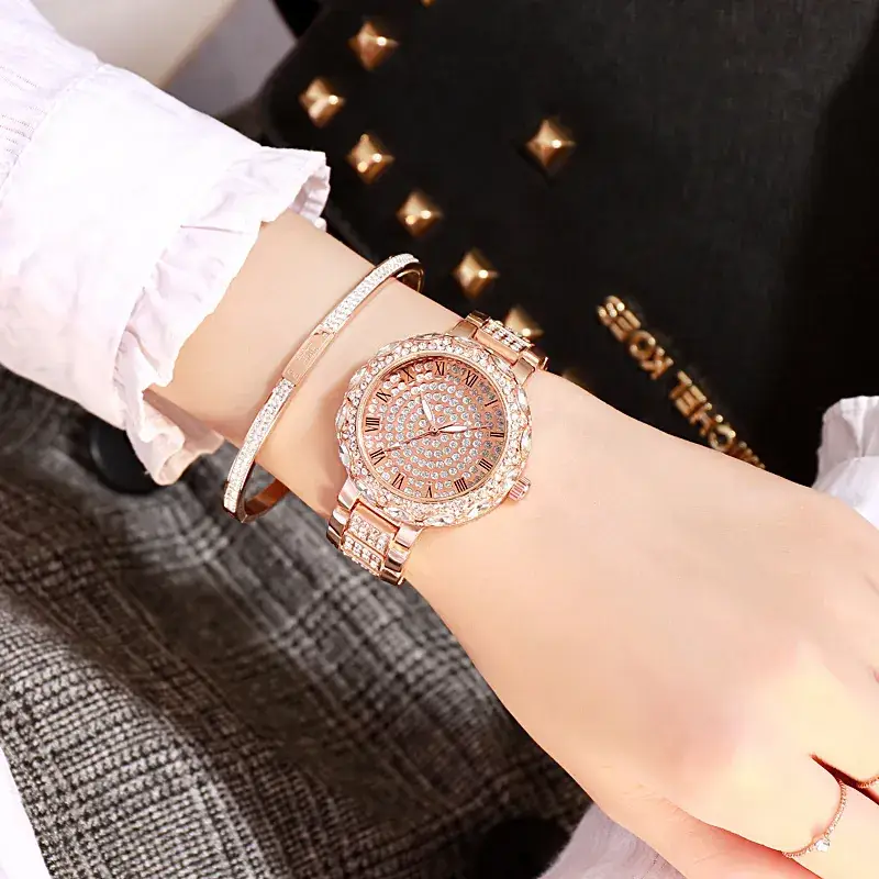 Women's Full Diamond Rhinestone Watch Rose Gold Large Dial - Image 7