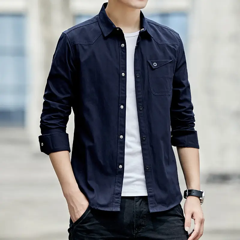 Men's Long Sleeve Hemp Cotton Shirt Navy Blue - Image 8