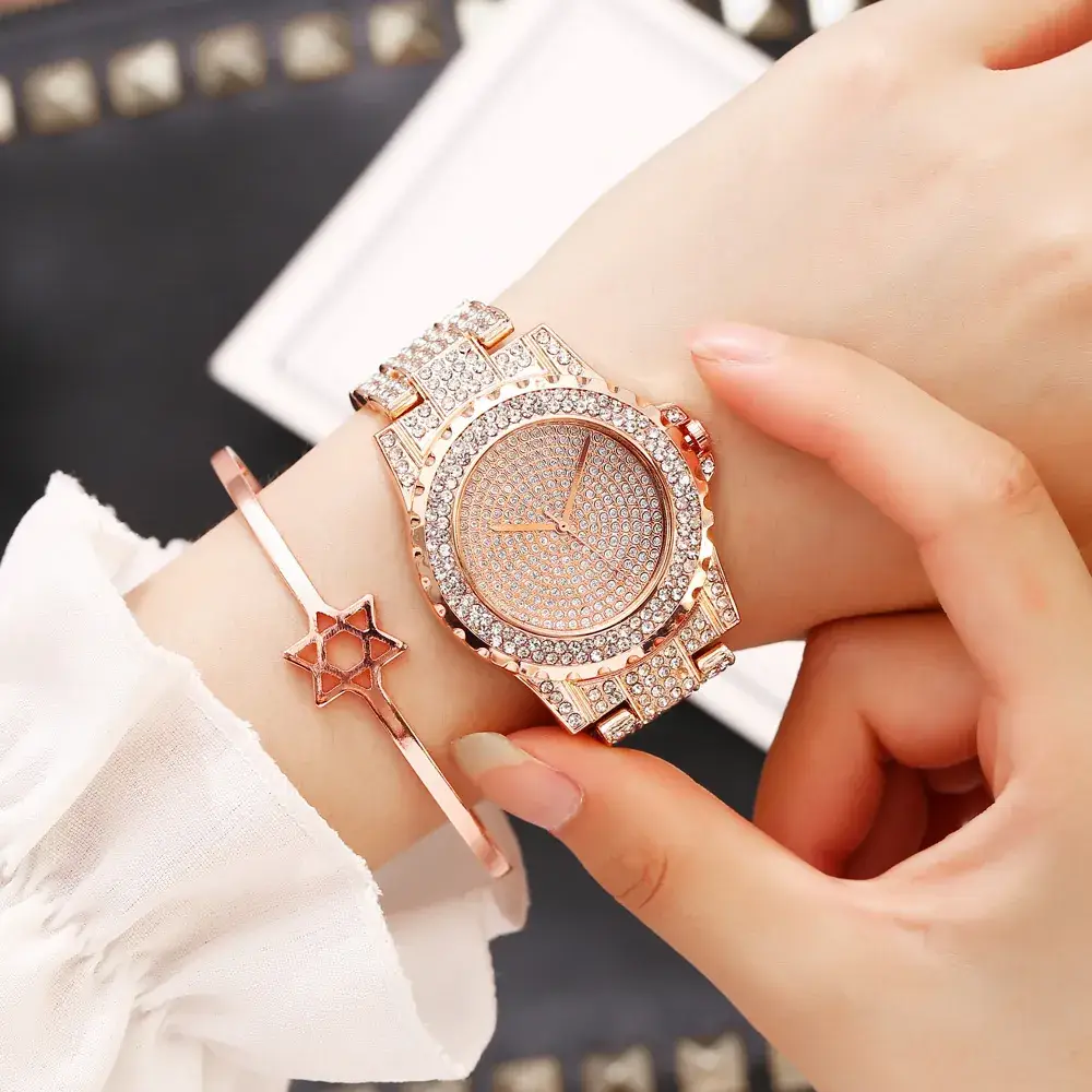 Full Diamond Women's Watch with Gold Steel Band - Image 6