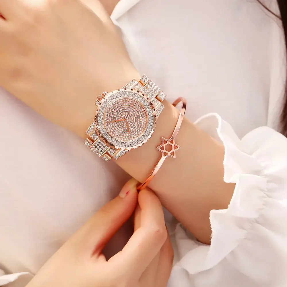Full Diamond Women's Watch with Gold Steel Band - Image 7