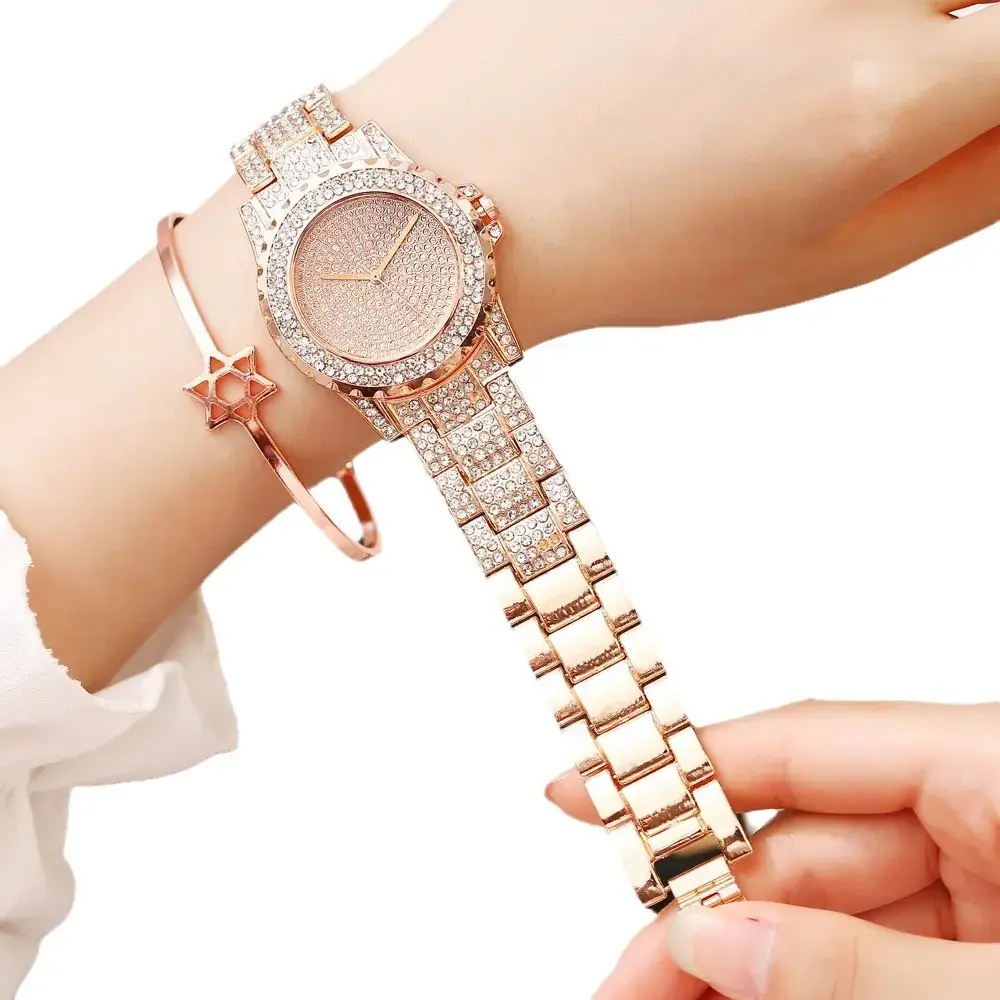 Full Diamond Women's Watch with Gold Steel Band - Image 9