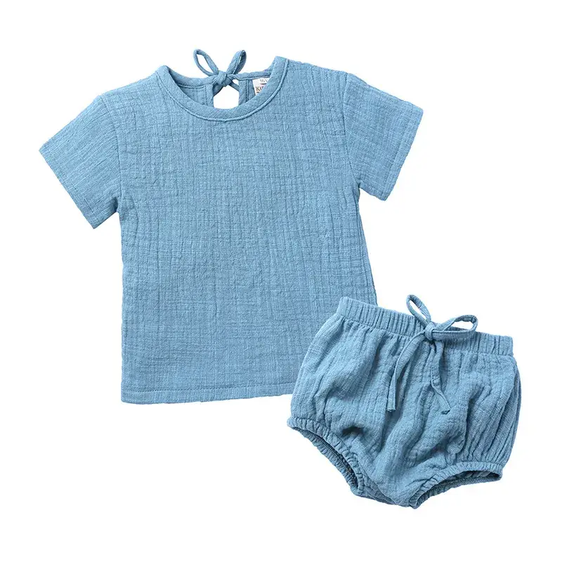 Baby Linen 2-Piece Set Light Blue with Lace Bow - Image 2