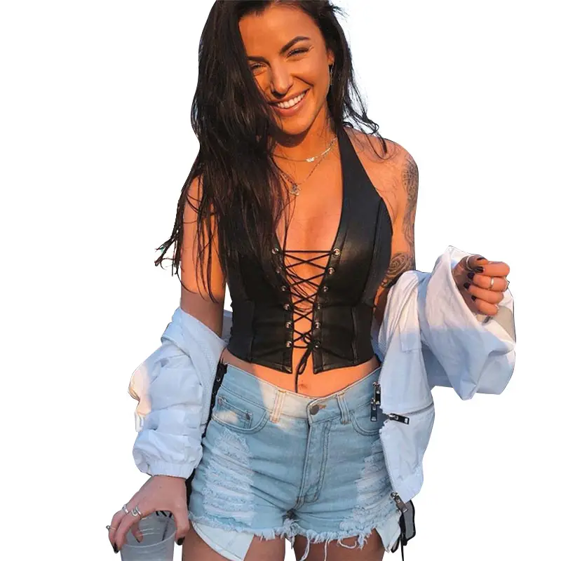 Women's Black Lace-Up Hollow Out Vest with Light Jacket - Image 6