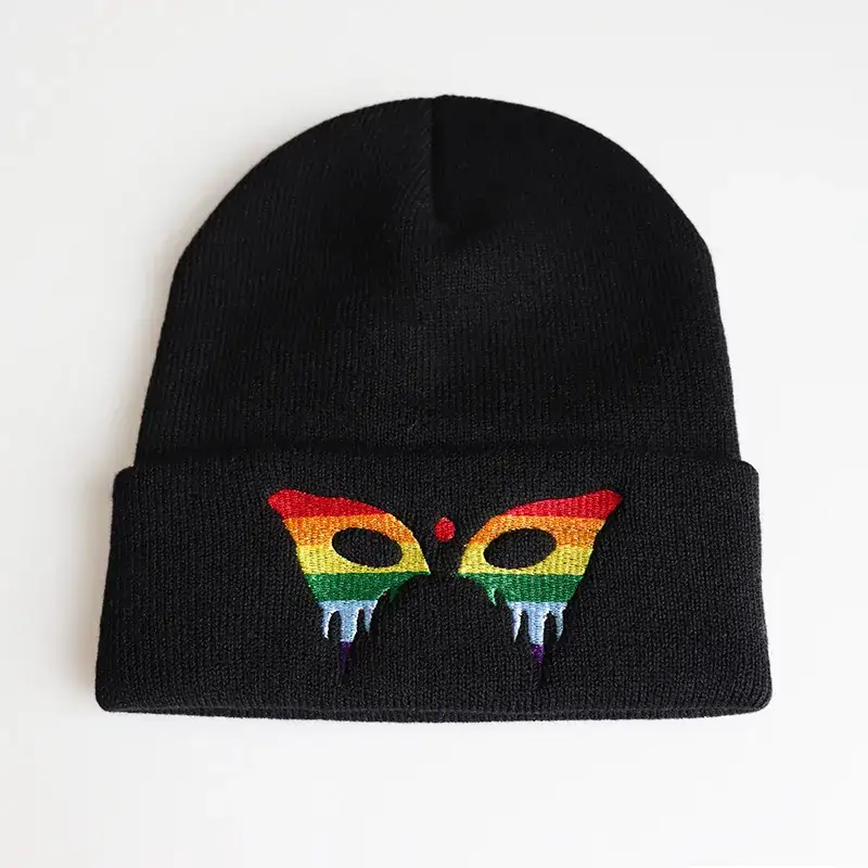 Black Knitted Butterfly Embroidered Beanie Hat - Image 2