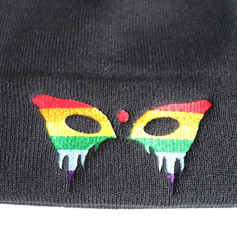 Black Knitted Butterfly Embroidered Beanie Hat - Image 4