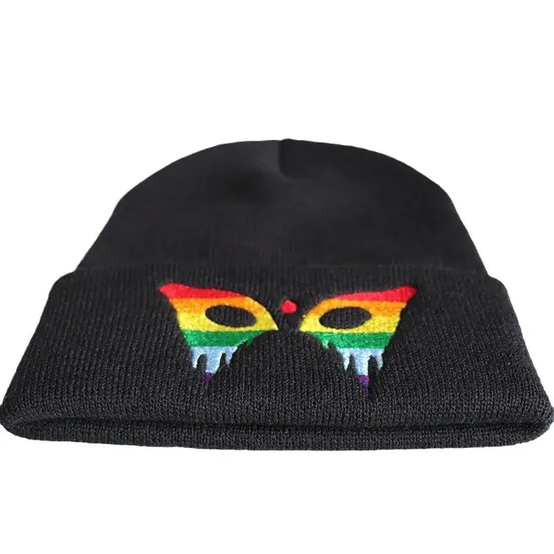 Black Knitted Butterfly Embroidered Beanie Hat - Image 5