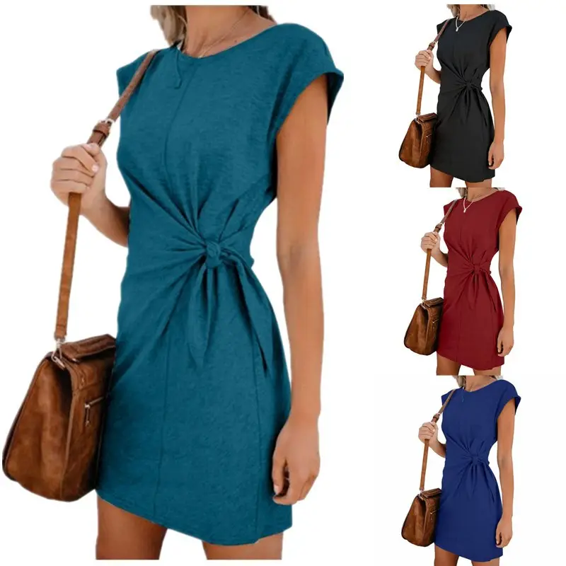 Women's Maroon Lace-Up Round Neck Dress - Image 3