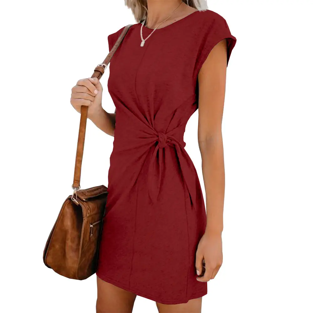 Women's Maroon Lace-Up Round Neck Dress - Image 2