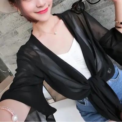 Women Chiffon Shawl Jacket White UV Protection Summer Top - Image 4