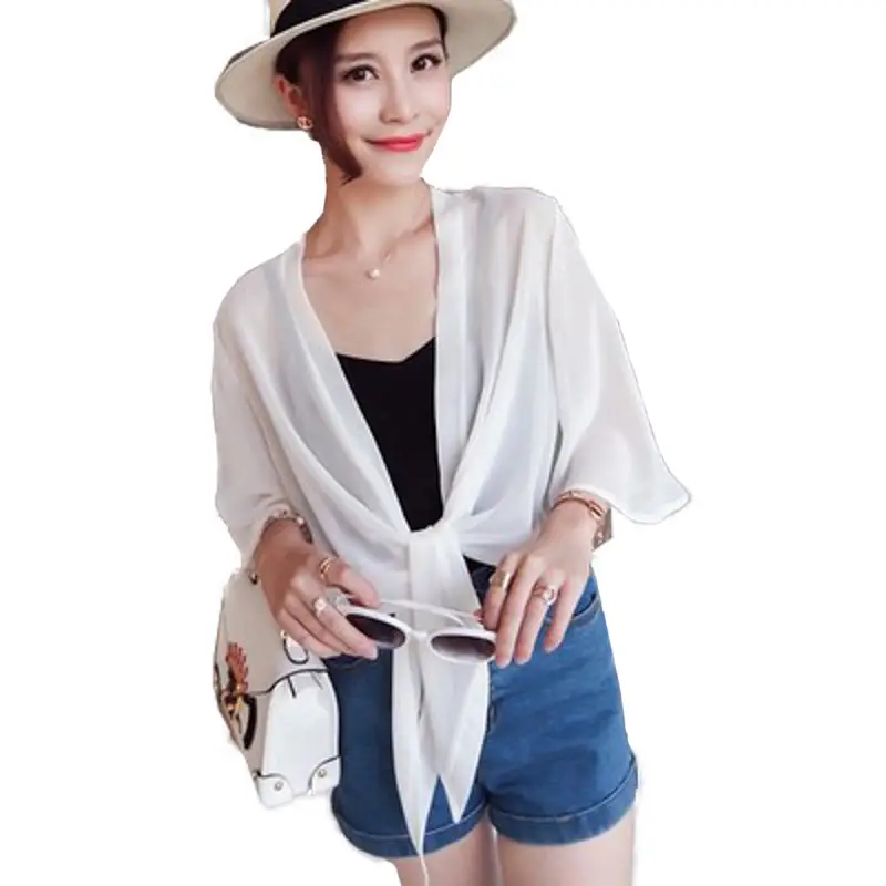 Women Chiffon Shawl Jacket White UV Protection Summer Top - Image 7