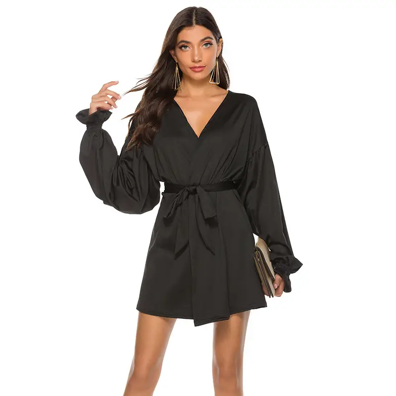 Black Tie Dress with Puff Sleeves V-Neck Long Sleeve - Image 2