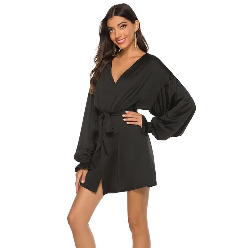 Black Tie Dress with Puff Sleeves V-Neck Long Sleeve - Image 3