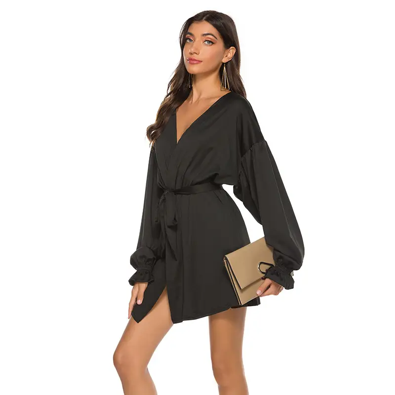 Black Tie Dress with Puff Sleeves V-Neck Long Sleeve - Image 4